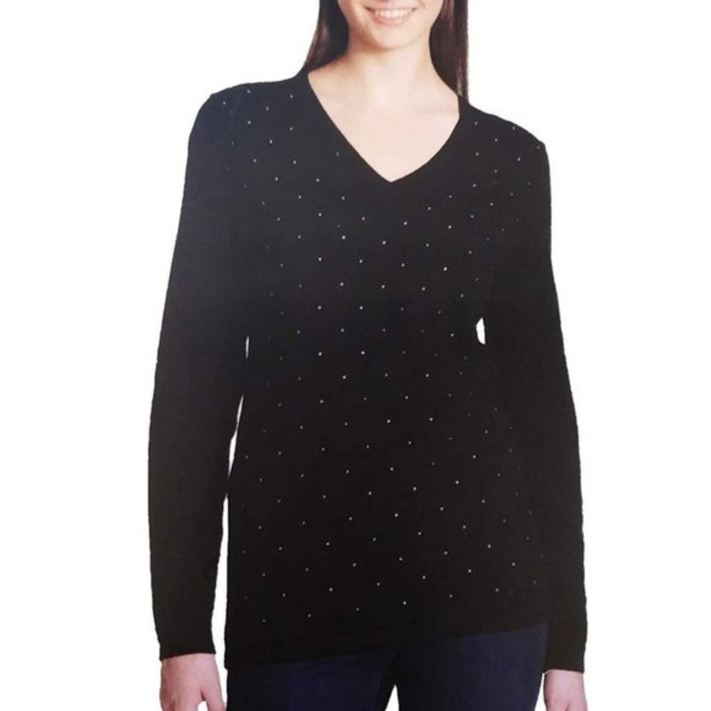 DKNY Black V-Neck Sweater M Rhinestone NEW